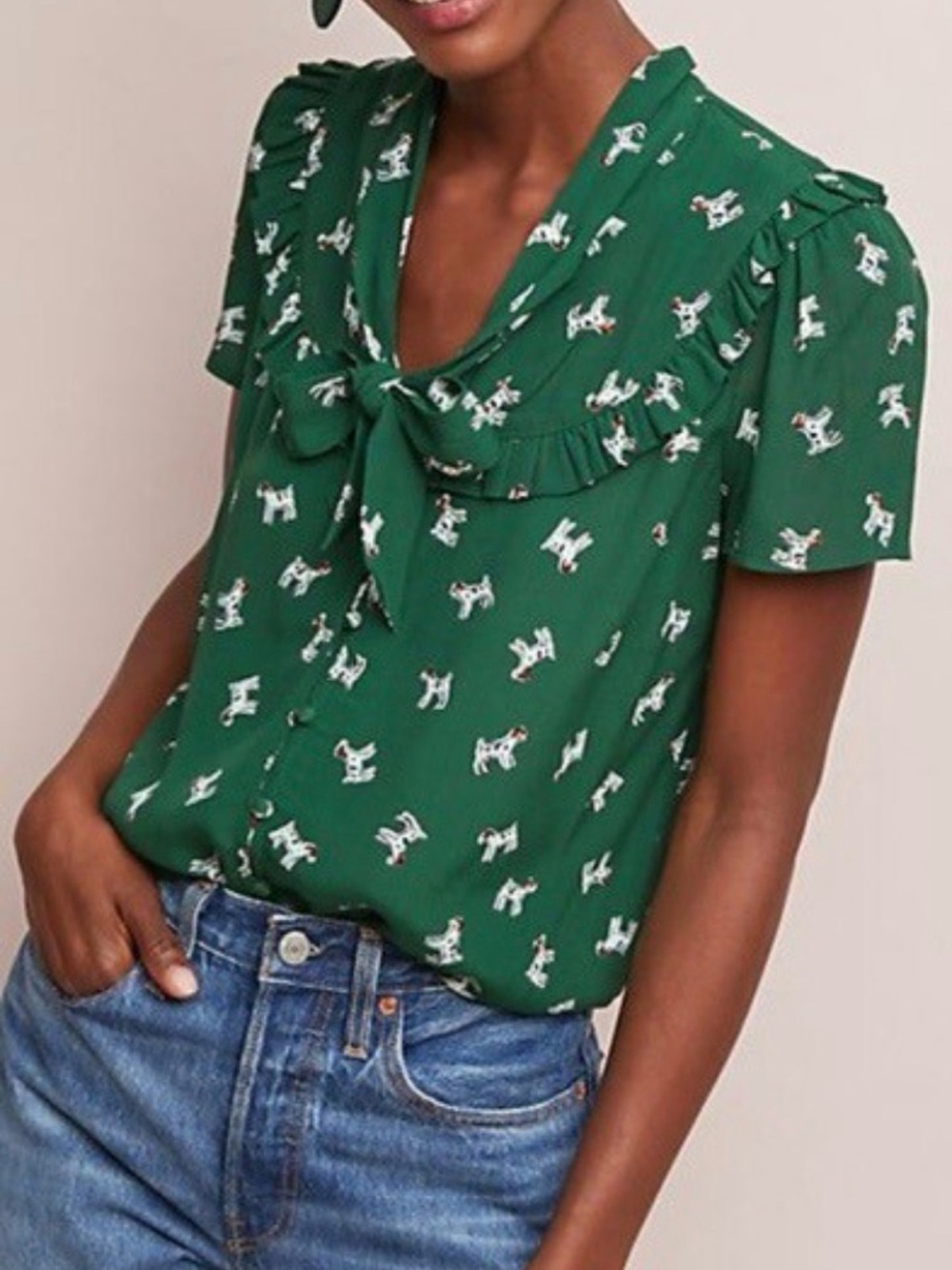 🐶 Anthropologie Maeve Women’s Adagio Dog Short-Sleeve Ruffle Tie-Neck Blouse
